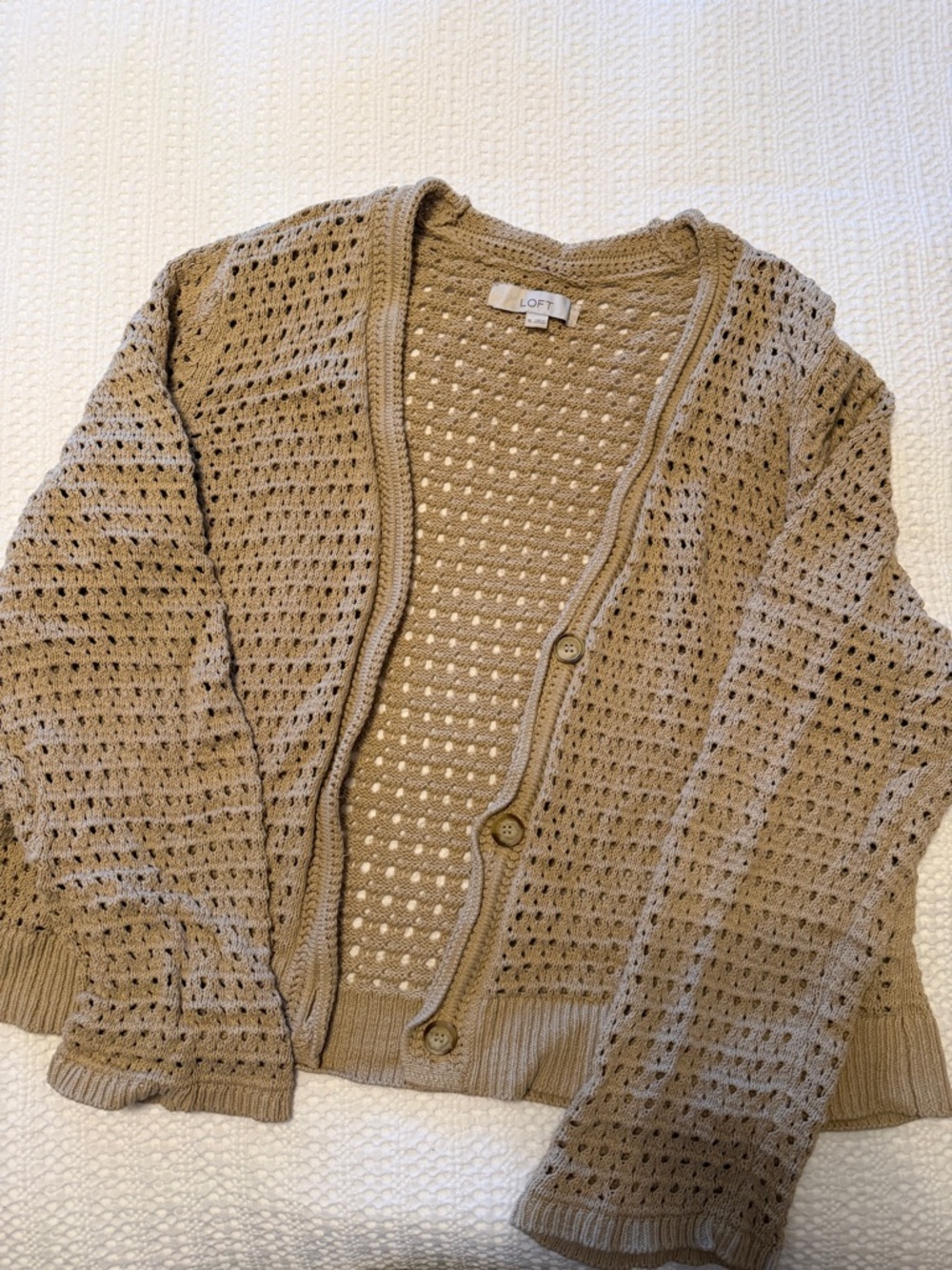 LOFT Open-Weave Button-Front Cardigan in Taupe